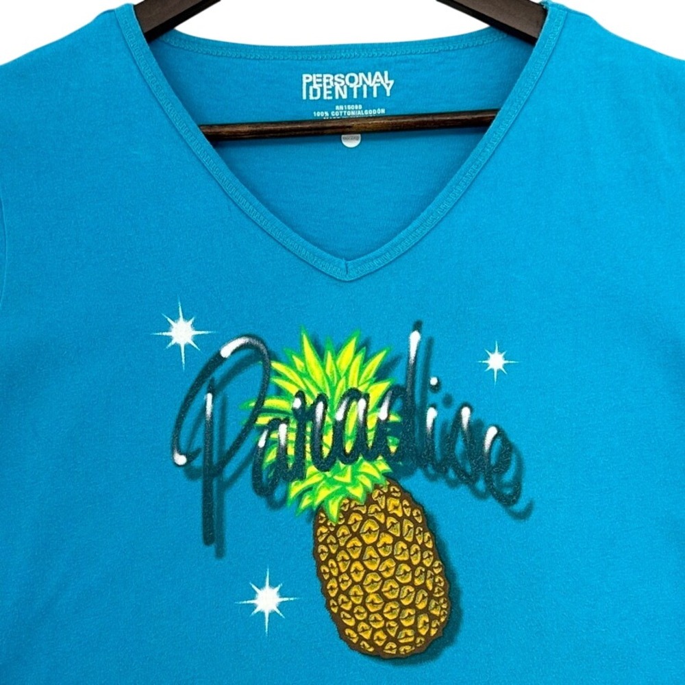 VTG Y2K Personal Identity Paradise Pineapple‎ Graphic V-Neck T-Shirt Blue XXL